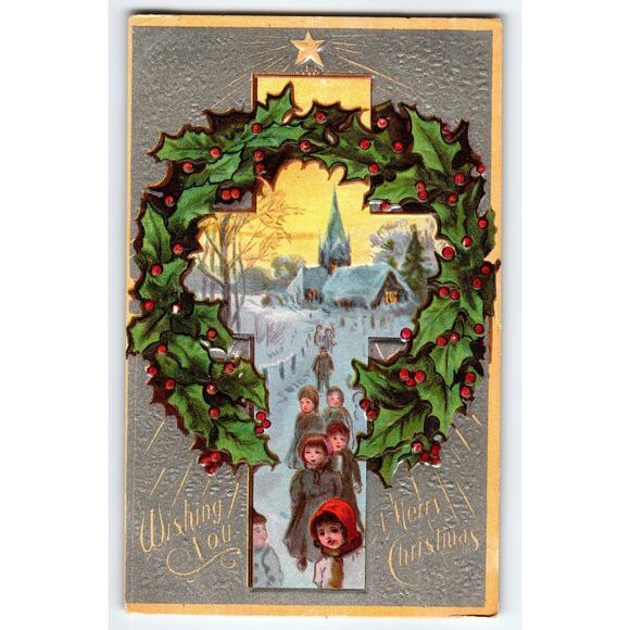 Vintage Christmas Postcard Wreath & Church Scene Embossed Juvenile Series - Picture 1 of 2